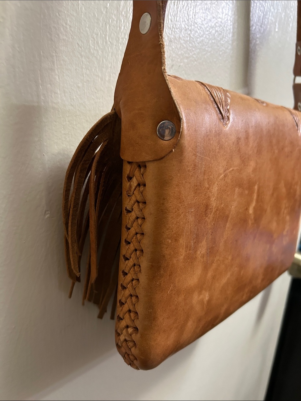 Handmade Natural Boho Leather Fringed Floral Tooled Leather Crossbody Bag - Tan - Picture 7 of 9